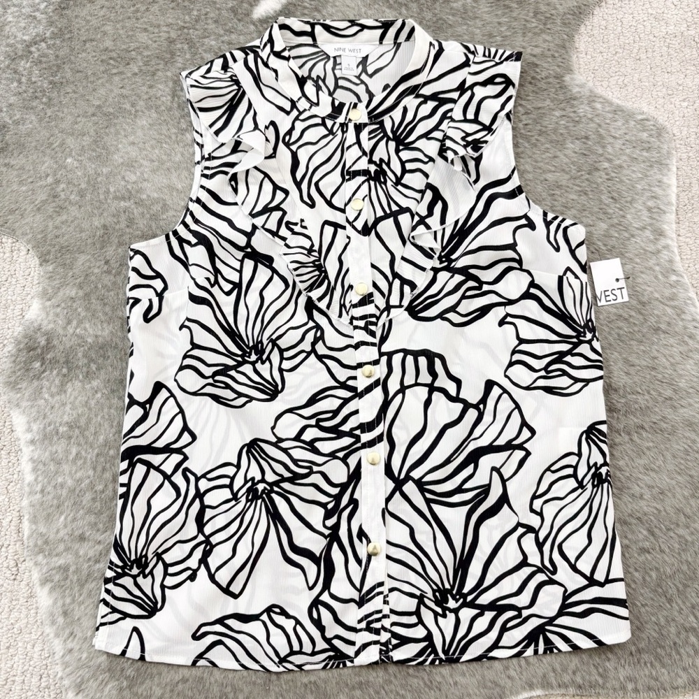 NWT Nine West Ruffled Collar Sleeveless Button Down Top - Picture 5 of 11